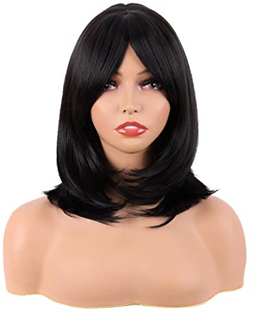 MapofBeauty 18 Pollic/ 45 cm Medio Lunghezza Layered Con Frange Lisci Sintetico fibra Shoulder Lunghezza Capelli Parrucche (Nero)