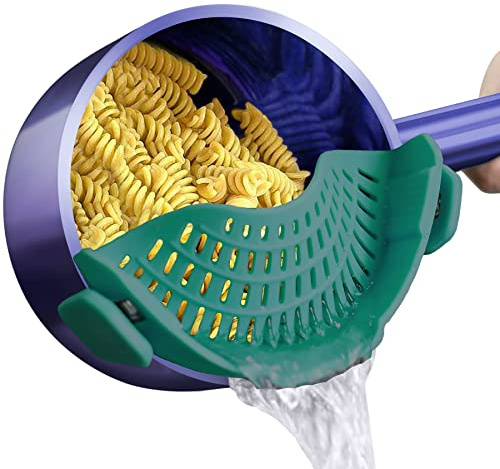 AUOON Clip On Strainer Silicone for All Pots and Pans, Pasta Strainer Clip on Food Strainer for Meat Vegetables Fruit Silicone Kitchen Colander (Sea Blue)