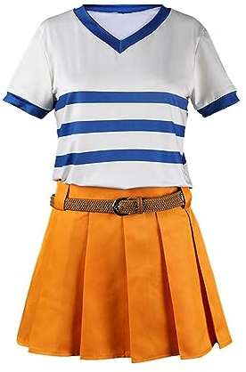Verycos Erwachsener Nami Cosplay Kleid Top Orange Rock Luffy Kostüm Strohhut Weste Hose Roronoa Gürtel Shirt Anime Piraten Outfit