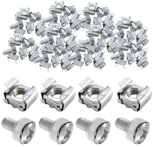 Sutekus 50 Pack M6 x 16 mm Rack Mount Cage Nuts Screws and Washers for Cabinet, Patch Panel, Server Shelves Fixing & Installation and Panel Rack Mounting, Nickle