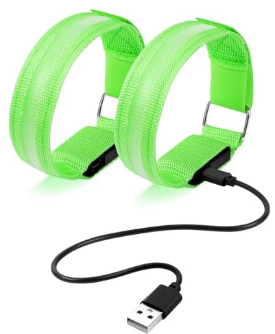 Ainiv 2 brazaletes de luz LED, 3 modos de iluminación, pulseras reflectantes USB, ajustable, intermitente, de seguridad, para correr, ciclismo, correr, deportes (verde)