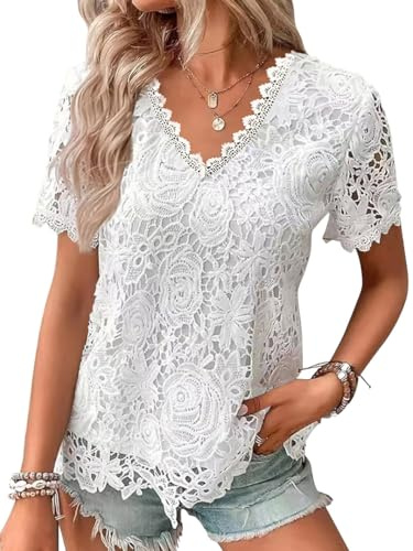 Tomwell Femme Tee Shirt Dentelle Couleur Unie Manches Courtes Loisirs D'été Chemisier en Dentelle Blouse Décontracté en Dentelle Tops Chemisiers A Blanc 3XL
