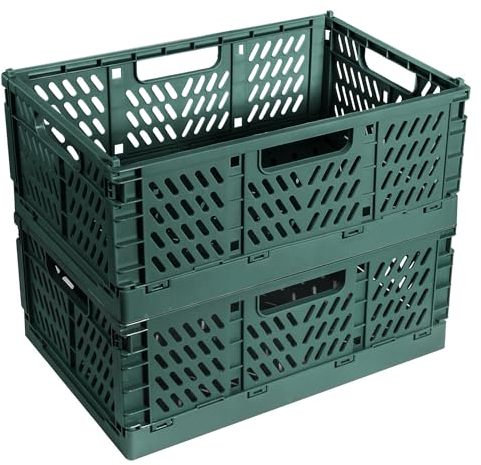Bocguy 2 cajas plegables, de plástico, resistentes, plegables, apilables, juego de cajas plegables para almacenamiento de cocina, dormitorio, estudio, oficina (verde oscuro, 42 x 28 x 16 cm)