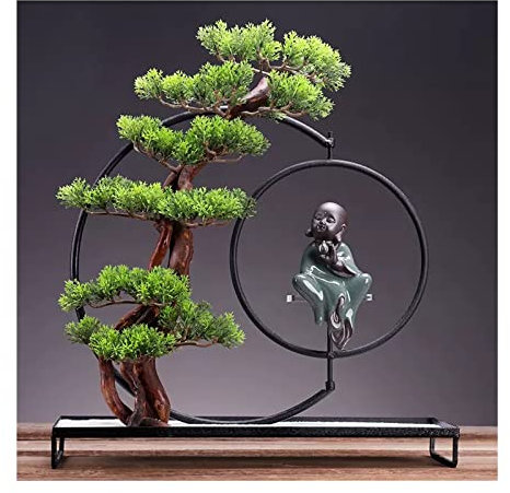 Künstlicher Bonsai-Baum Künstlicher Bonsai-Baum, künstliche Baum-Dekoration, im Topf, mit schmiedeeisernem Sockel und kleiner Mönch-Skulptur for moderne Heim-, Büro-, Wohnzimmer-Dekoration im Innenber