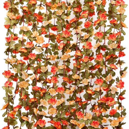 KHOYIME 5 Pack 40 FT Artificial Flower Garland, Fake Orange Roses Vines Silk Flowers Faux Plastic Outdoor Hanging Floral Garland Fall Autumn Decoration for Indoor Table Home Wall Backdrop Room Decor