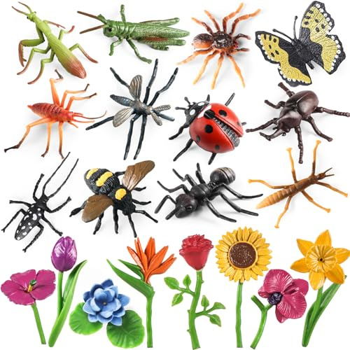 kukifun Insekt Pflanzenfiguren Spielzeug 20Pcs, realistische Kunststoff Blume mit Marienkäfer Biene Schmetterling Ameise Grille Mantis Skorpion Spinne für Schule Projekt Geburtstag Kuchen Dekoration