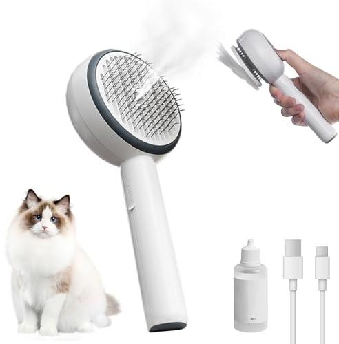Hundebürste Katzenbürste mit Dampf, 4-in-1 Steamy Cat Brush, Tierhaarentferner für Langhaar und Kurzhaar, Tierhaarentfernungskamm, Sauberes Haustierhaar von der Bürste mit Einem Knopf (Weiß)