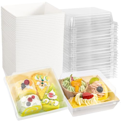 Preocea 50 Pack Charcuterie Boxes with Clear Lids, 5 Inch Square, White | Oil-Proof Paper Charcuterie Box, Food Containers Bakery Boxes, Dessert Boxes for Sandwich Sushi Cake Slice Strawberries