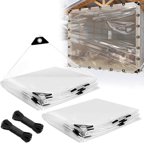 10x10ft Anti-Tear Clear Tarp Waterproof - 2pcs Windproof Poly Tarpaulin, Heavy Duty Transparent Enclosure with Grommets for Covering Chicken Coops Greenhouse Garden Plants