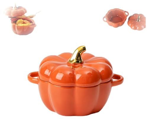 Bol en forme de citrouille de 425,2 g qui passe au four, ramequins à citrouille avec couvercles, bol à dessert en céramique pour Thanksgiving, Halloween (orange)