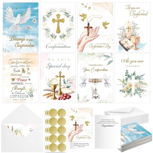 Motipuns 24 Sets Religious Confirmation Card Bulk with Scripture Assorted Message Bible Verse 5 x 7 Inspirational Congratulations Confirmation Greeting Cards with Envelopes(Gold)