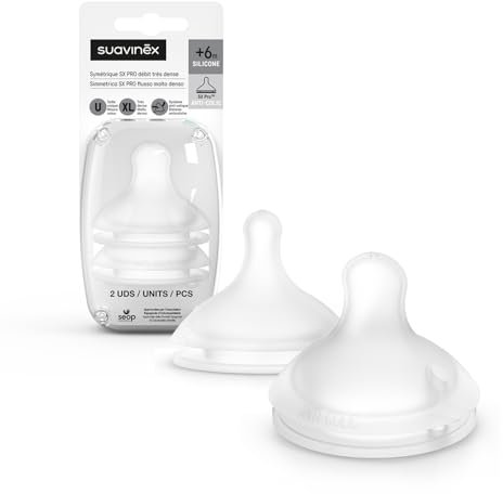 Suavinex, Confezione da 2 Tettarelle Simmetriche Sx Pro in Silicone, per Biberon Suavinex, Tettarella a Flusso Molto Denso (XL), per Alimenti e Cereali densi, +6 Mesi, con Valvola Anti-Colica, 2 Unità