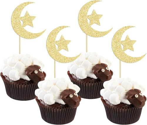 Confetti! 24 Pack Eid Mubarak Cupcake Toppers Glitter Star Ramadan Kareem Cupcake Pick Moon Star Eid Islamic Muslim Theme Party Cake Decoration Supplies Gold