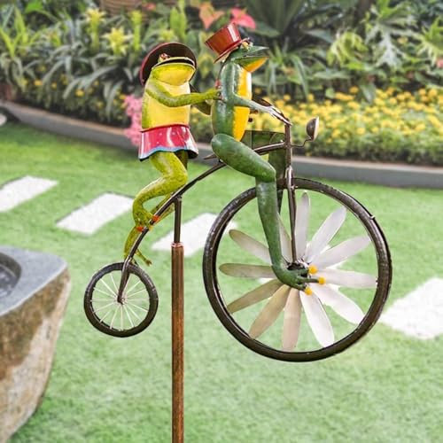 Moulin à vent vintage en métal en forme de vélo - Motif animal mignon - Moulins à vent en métal - Grenouille amusante - Sculptures de vent vintage pour décoration de cour et de jardin