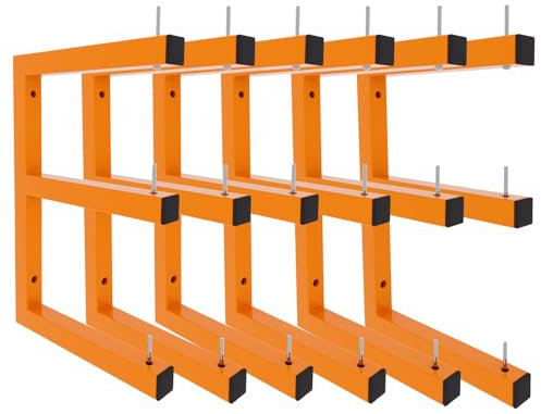 6 Stück Wandmontiertes Holzregal, robuste Holzregale, 9-stufiges System, Garagenregal, 898 kg Kapazität, hängende Organizer-Regale, orangefarbene Halterungen, Metallregal für drinnen und draußen