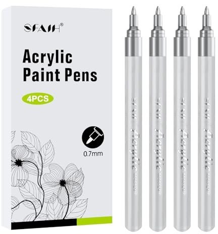 SFAIH Silver Paint Markers Pens -4 Pack 0.7MM Fine Tip Acrylic Markers for Rock Painting, Wood, Metal, Fabric, Plastic, Canvas, Glass, Ceramic, Diy Crafts, Drawing, Tire