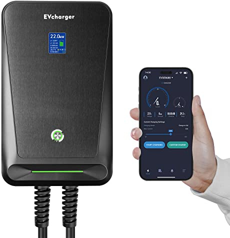 Wallbox Trifase 22kW Tipo 2 con APP, Caricatore EV 6A-32A 6m IP66 con Schermo LCD, Cavo di Ricarica 22kW, Compatibile con Tutte le Auto Elettriche e Ibride Plug-in
