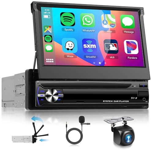4G+64G 7 Pollici Android 15 Autoradio 1 Din con Schermo Retrattile con Senza Fili Carplay Android Auto WiFi Navi GPS Mirror Link Bluetooth FM/RDS/EQ Comandi al Volante Telecamera Posteriore Microfoni