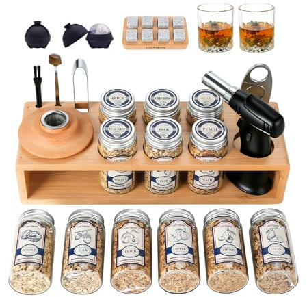 HMYBAR®26pcs Whiskey Smoker Kit with Torch | Cocktail Smoker Infuser Kit | Old Fashioned Drink Smoker Kit | Bourbon Whiskey Gift.Great Gift for Dad, Husband. Bamb Stand Natural Color. (No Butane)