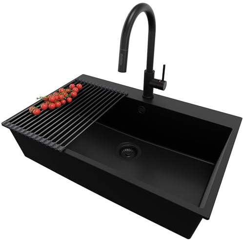 PRIMAGRAN Fregadero Granito al Mueble 80cm + Grifo, 78x50cm | Set: Grifo BW9010 + Kit de desagüe + Enrollable Escurridor + Riga 1 Seno para Cocina, Todo Negro