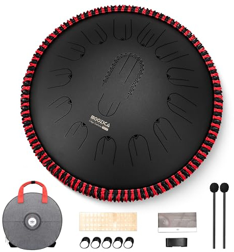 MOOZICA 15 Zoll Stahl-Handpan-Zungentrommel – 15 Töne in C-Dur, 440Hz, Zungentrommel mit Oktav-Oberton-Design – Professionelles Percussion-Zungentrommelinstrument mit Tragetasche (Schwarz, 440hz)