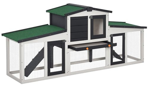 PawHut Hasenstall 2 Etagen Kaninchenstall aus Holz 204 x 45 x 80 cm Kaninchenkäfig mit Bitumendach, Freilaufgehege, Rampe, abschließbare Türen, Hasenkäfig für Zwergkaninchen, Outdoor Dunkelgrau+Weiß