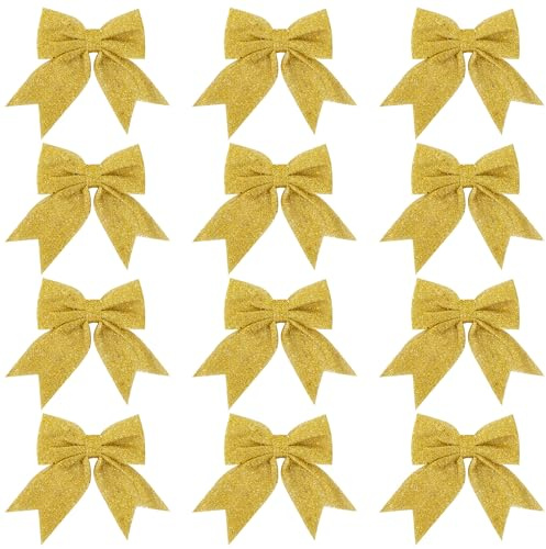 Jesustree Noeud de Ruban de Noël, 12 Pièces Noeuds de Décoration pour Sapin de Noël, Arcs de Pailletés pour Sapin de, Guirlande de Cadeaux, Mariage Décoration (Or)