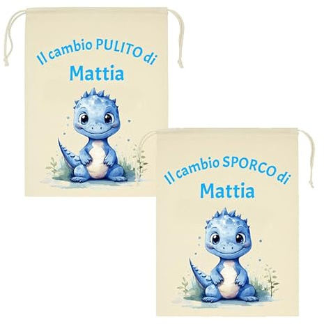 Mr. Gadgets Set 2 Sacchetti Asilo Personalizzati con Nome - Sporco & Pulito - Taglie Diverse 25x30cm o 30x40cm- Cambio Bimbo Scuola Nido Materna