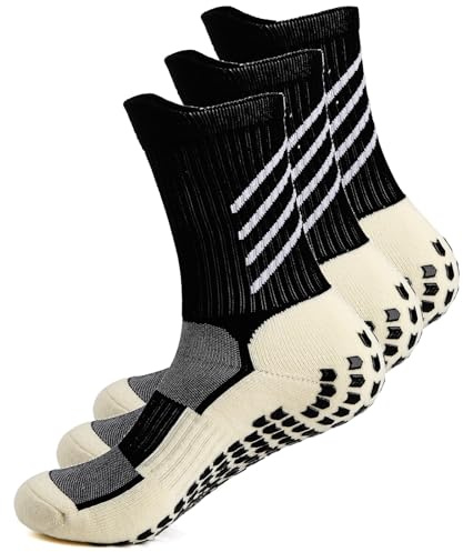 HIKERHEAVENLAR Chaussettes de football antidérapantes pour homme et femme, coussinées, en coton, respirantes, chaussettes de sport non glissantes pour rugby, soccer, yoga, gym 5-8 8-13, L