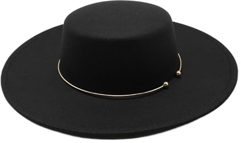 SANSIWU Y2K Fedora-Hut für Damen und Herren, elegant, breite Krempe, einfarbig, klassischer Filzhut mit goldfarbenem Metallband, flache Oberseite, Jazz-Kappe, Streetwear