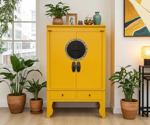 OPIUM OUTLET Orientalischer Hochzeitsschrank, Asia China Kommode Möbel asiatisch, Schrank chinesisch, gelb-orange, komplett montiert, Antik-Look, Vintage Sideboard