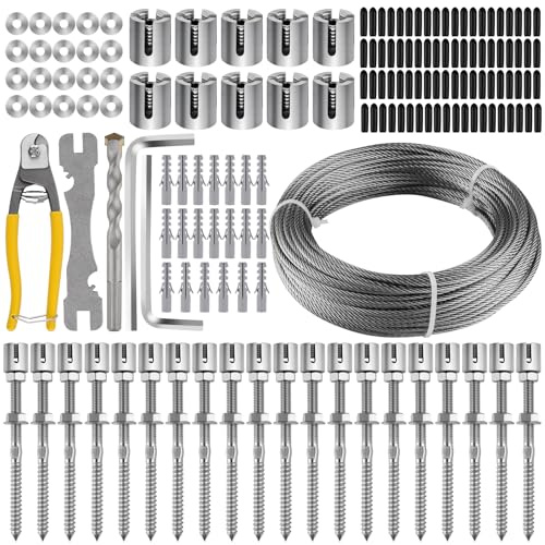 30M Rankhilfe aus Edelstahl für Kletterpflanzen, TOROKOM Edelstahl Robust Drahtgitter Set Wandpflanze Kletterstahldrahtseil Kreuzklemme Kabelgittersystem Set Drahtseile System Kit für Pflanzen