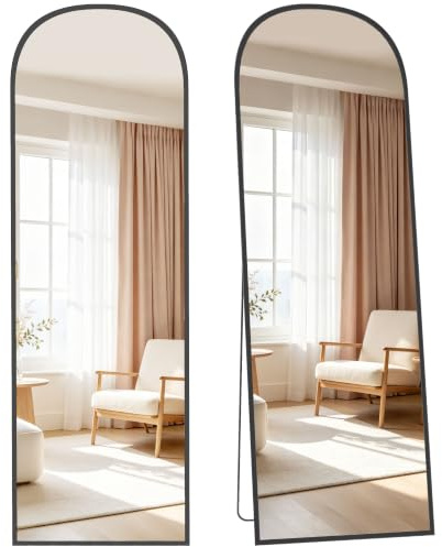 HOMCOM Ganzkörperspiegel 161,5 x 50 cm Gewölbter Standspiegel Schwarz | Bruchsichere Hartglas, Alurahmen, Wandspiegel zum Anlehnen, Stehen, für Wohnzimmer Schlafzimmer Flur