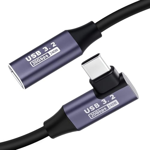 USB C Extension Cable 0.2M, Right Angle USB 3.2 Extension Lead, 20Gbps Data Transfer, 240W Fast Charging, Type C Male to Female Extender, 4K@60Hz Video Display Lead for iPhone, MacBook, iPad, Galaxy
