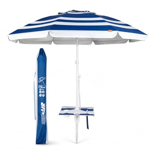 TIENDA EURASIA – Sombrilla Playa Grande Ø 210 cm con Mesa Plegable | Protección UV50+ | Revestimiento Plateado | Antiviento | Oxford | 8 Varillas | Tubo Ajustable 28/32 mm | Rayas Azul y Blanco