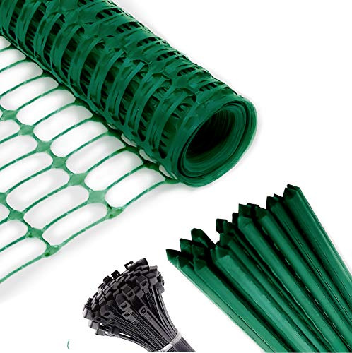 Safety Fence + 25 Steel Plant Stakes, Extra Strength Mesh Snow Fencing, Temporary Green Plastic Garden Netting 3.75 x100 Feet Fence & 25, 4 Foot Stakes, Above Ground Barrier for Construction Dogs