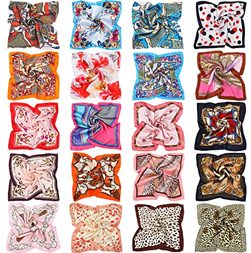 20 Pieces Women Satin Square Scarf Mixed Color Small Silk Neck Scarf for Women Favors, Random Color(Classic Patterns)