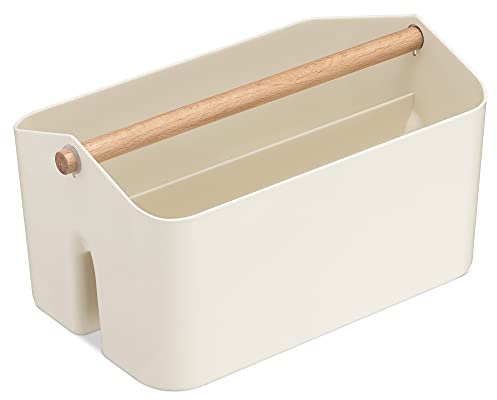 Navaris Aufbewahrungsbox mit Holzgriff - 2 Fächer Box Organizer in Bad Küche - Korb Aufbewahrung für Besteck Putzmittel tragbar klein - cremeweiß