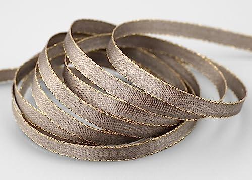 50 m x 6 mm Satin TAUPE mit GOLD Kanten Toffee Dekoband Satinband Lurex Schleifenband Winter Dekoration Weihnachten Advent Glanz glänzend Geschenkband Dekorieren basteln