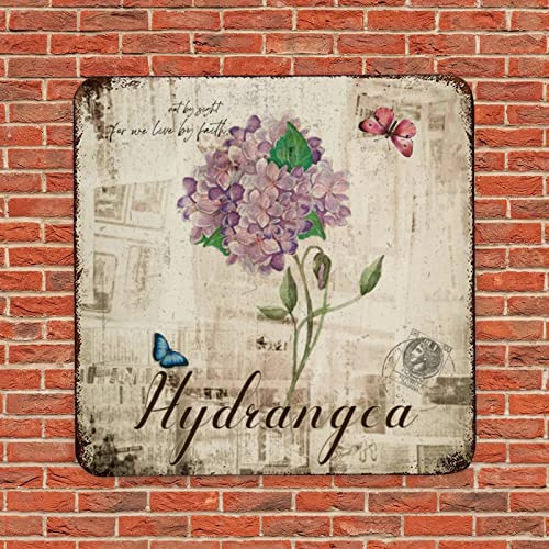 Vintage-Stil Hortensien Blumen und Schmetterlinge Vintage Metallschild Kunstdrucke Schild Rost Wand Türschild Plakette für Zuhause Büro Dekoration Raumdekoration 25,4 x 25,4 cm
