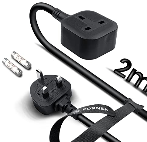 Single Extension Lead 2m, 1 Gang Plug Socket Surge Protected, 13amp 250V 3kw UK 3 Pin Fused Mains Single Socket Extension Lead for Tumble Dryer, Rubber, Tough and Fireproof, Black