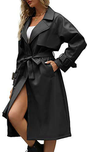 Bellivera Women Trench Coat Long Jacket Faux Leather Classic Lapel Belt Loose Overcoat 2225 Black XL