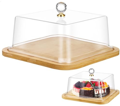 Luxshiny Wood Cake Stand with Square Lid, 10 Inch Wooden Cake Plate, Dome with Acrylic Cover for Kitchen Birthday Picnic Party Wedding, Food Serving Platter Stand