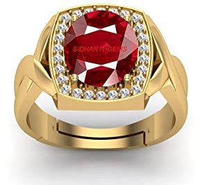 JEMSPRIME 8,25 Ratti Natürlicher Rubin-Manik-Ring, loser Edelstein, vergoldet, Geburtsstein, Astrologie, Rashi Ratan, verstellbarer Ring für Damen und Herren, Messing, Rubin, Messing, Rubin