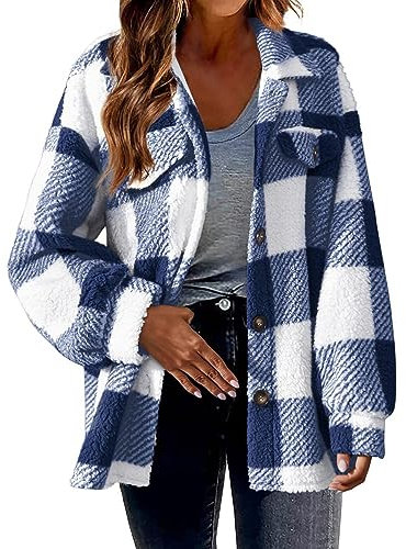 Manteau d'hiver à carreaux pour femme à revers - Veste chaude en peluche à manches longues - Décontracté - Chaud - Manteau polaire - Manteau d'extérieur, bleu, L