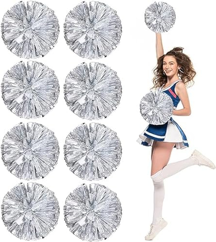 SHANJIA Metallische Cheerleading Pom Poms, 4Pcs Cheer Pom Pom Pom, Cheerleader Cheer Pom Poms mit Schlagstock Griff, Cheering Squad Hand Blume (30cn, Silberfarben)