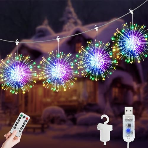 JIMACRO LED Guirnaldas de Luces, 4 * 120 LEDs Fuegos Artificiales Explosivos, USB 8 Modos Impermeable LED Luces de Fuegos Artificiales Exterior Interior para Fiesta Bodas Decoración