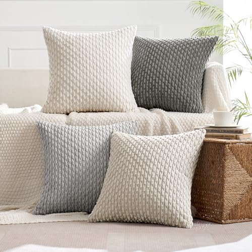 MIULEE 4er Set Kissenbezug 45×45cm Kordsamt Ananas-Ähren Grau Serie | Weiche Kordsamt Struktur Langlebig Pflegeleicht Reißverschluss Dekorativ für Sofa Wohnzimmer Schlafzimmer und Büro