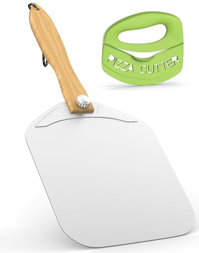 Aluminum Metal Pizza Peel, Pizza Peel 12 inch with Foldable Wood Handle, Pizza Spatula, Pizza Spatula for Oven, with Pizza Cutter, Pizza oven accessories