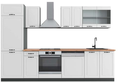 Vicco Küchenzeile R-Line, Weiß Landhaus/Anthrazit, 300 cm | 8 Module · Höhenverstellbare Füße · AP Eiche inkl. · MDF-Fronten · Mit Kühlschrankumbauschrank · Frei kombinierbar